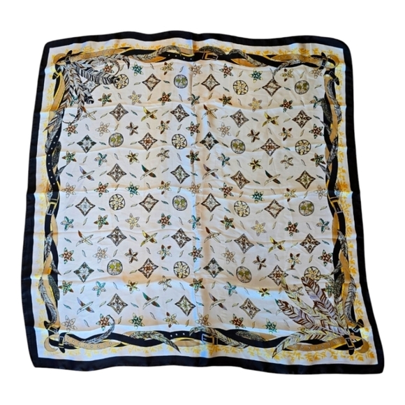 Multicolor Floral Star Print Black White Tan Square Scarf - Picture 3 of 7